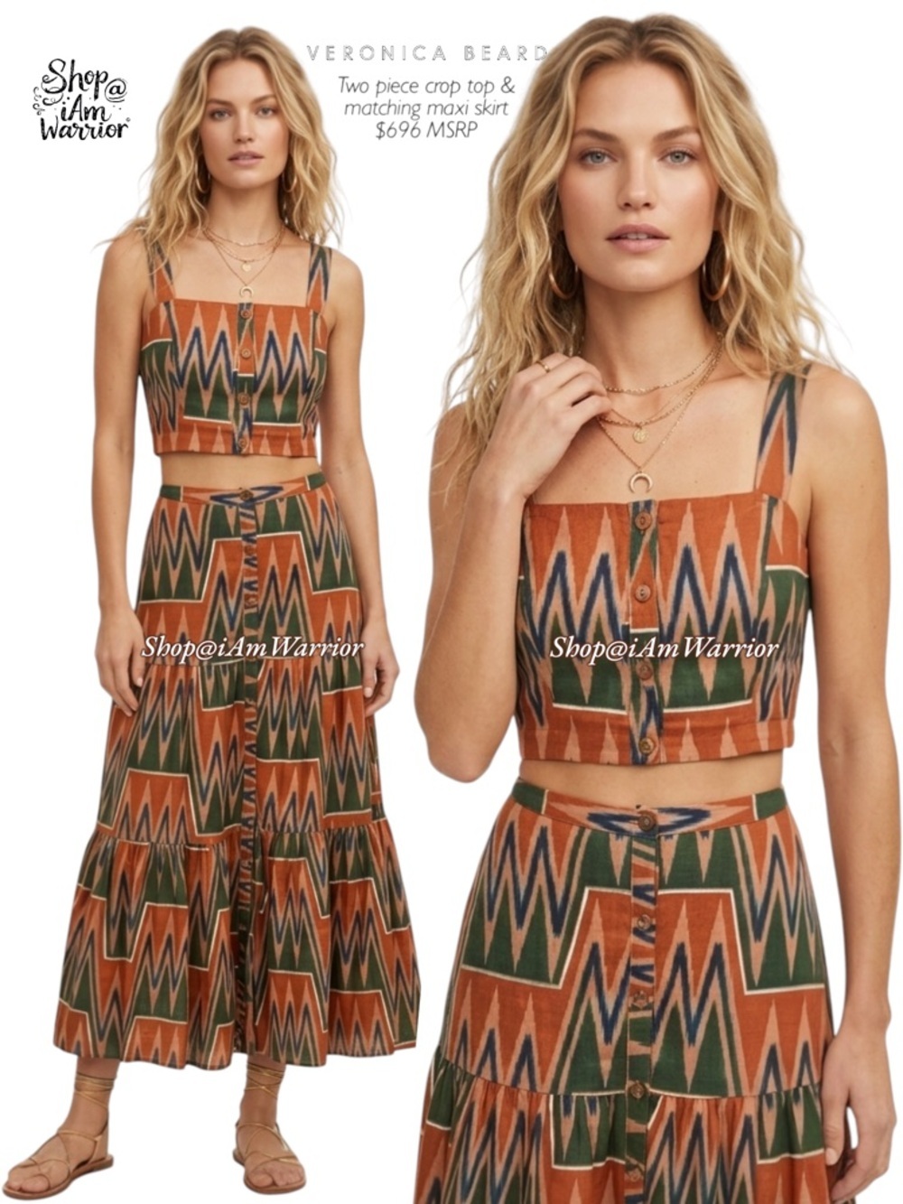 Veronica Beard 2 Piece Linen Abstract Crop Top + Maxiskirt Set *Shop@Iamwarrior